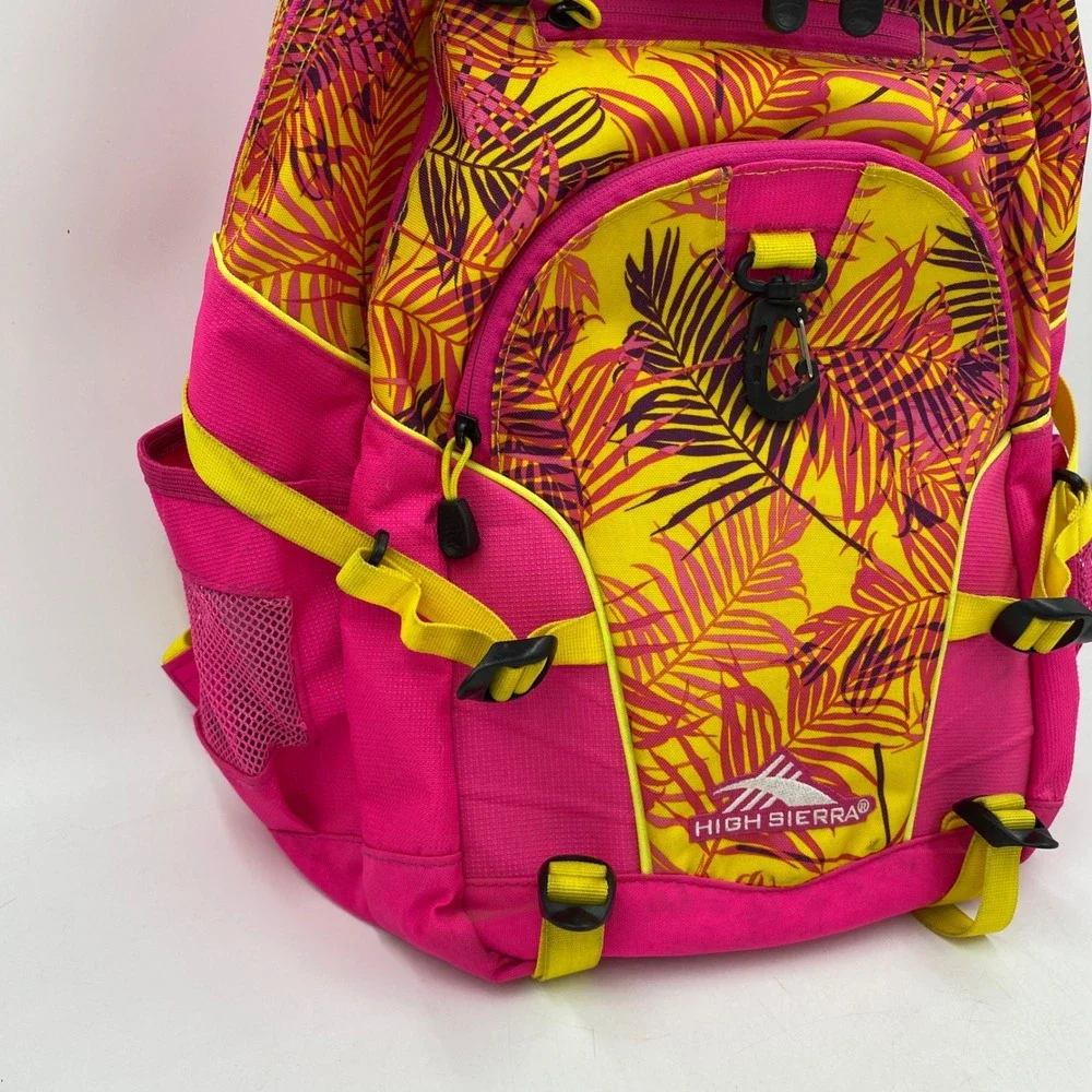 High Sierra Backpack Pink Yellow Tropical Palm Leaf Print Multi-Pocket 18in